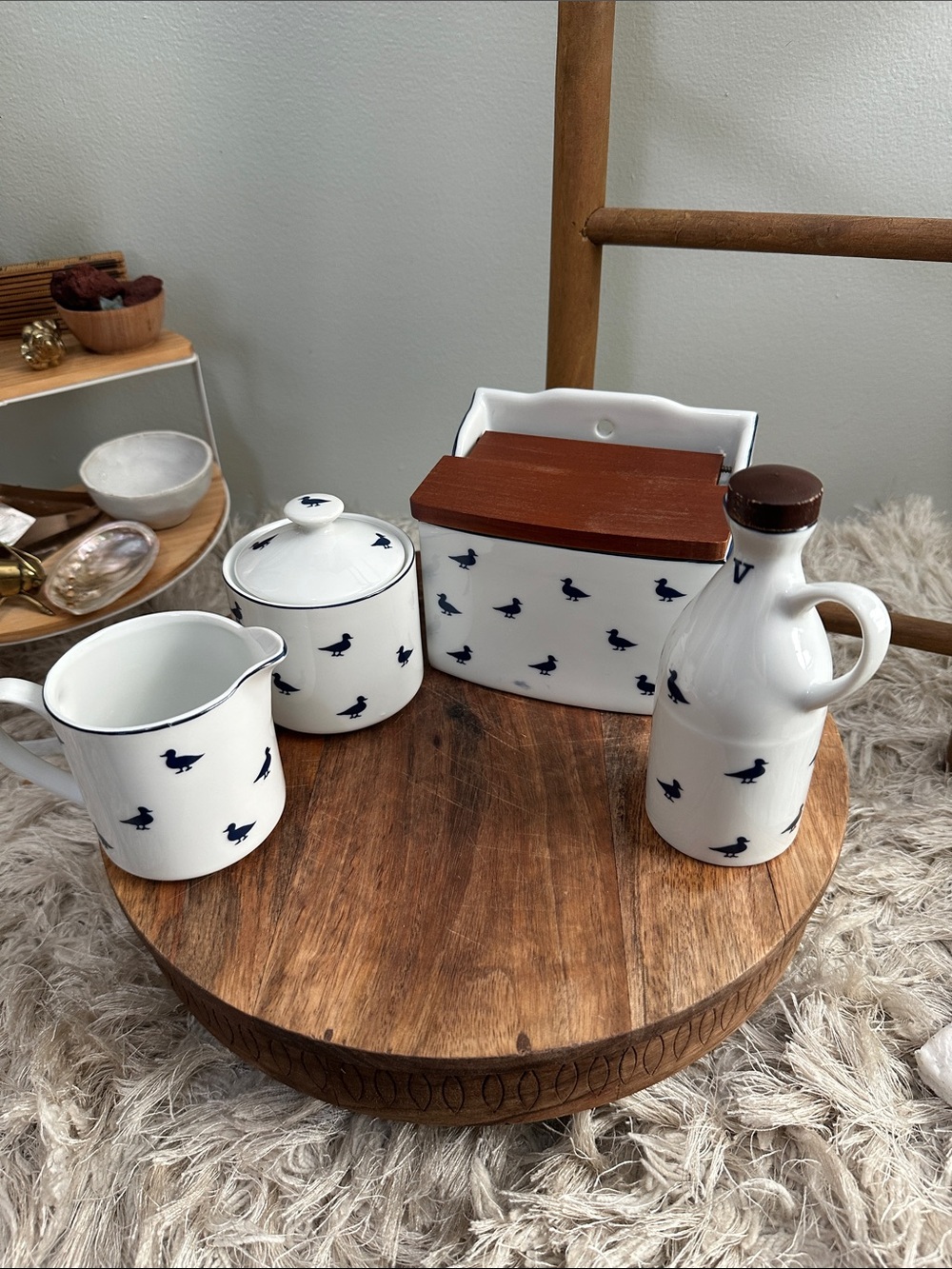 Blue Ducks by‎ Shafford Fine Porcelain Set, Salt Box, Sugar, Creamer & Vinegar
